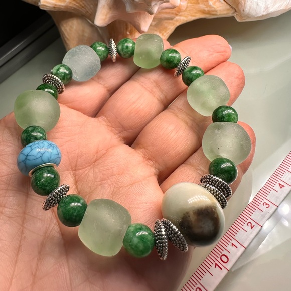 GAMBLER AMAZONITE + SEA GLASS STONES NATURAL BRACELET size 7” - Picture 13 of 15